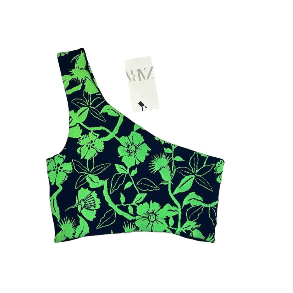 ZARA One Shoulder Floral Knit Crop Top Navy Green Quiet Luxury Capri Riviera NWT - Picture 5 of 9